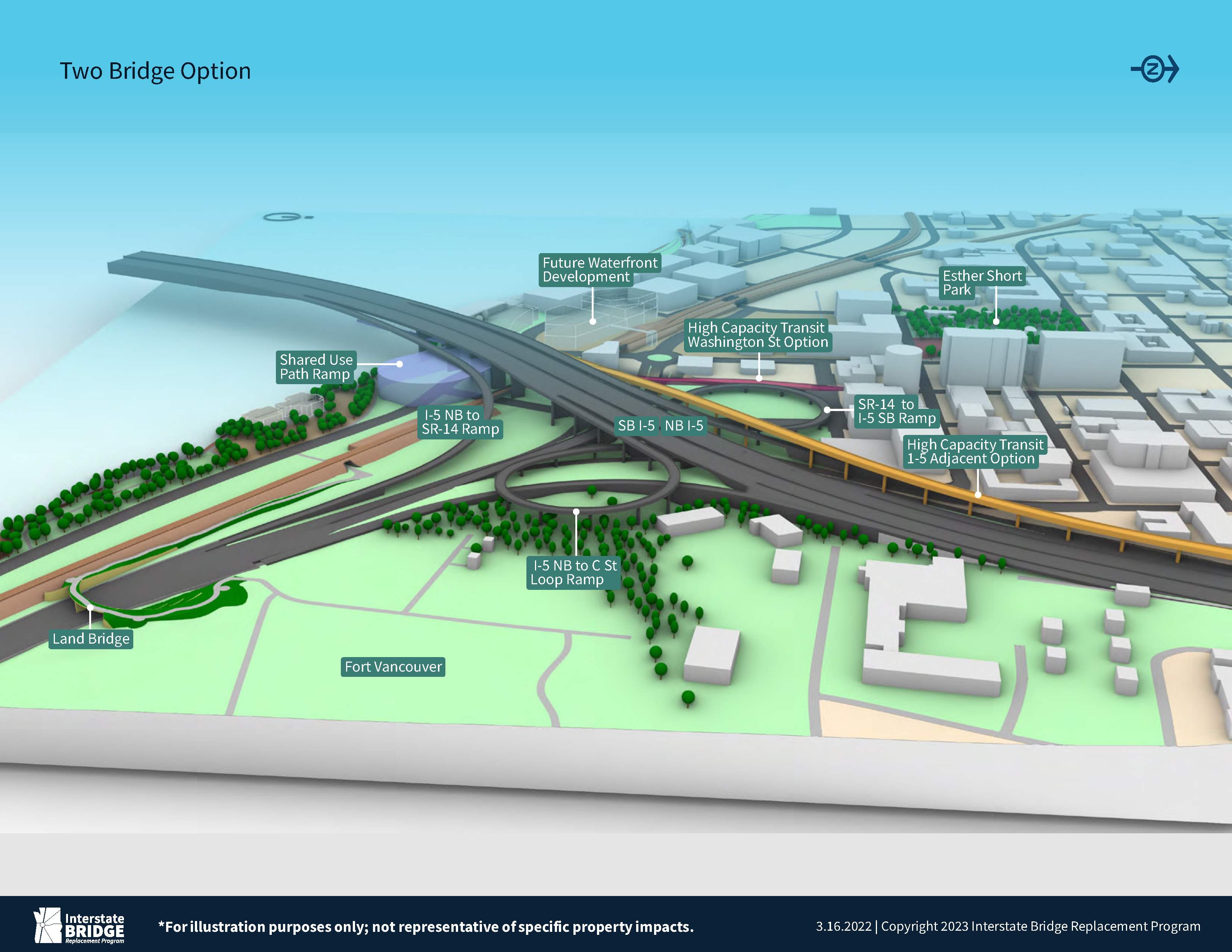 <p>Downtown Vancouver Two Bridge Option shows High Capacity Transit hugging 1-5 and a Washington St option in addition to a shared use path ramp. </p>