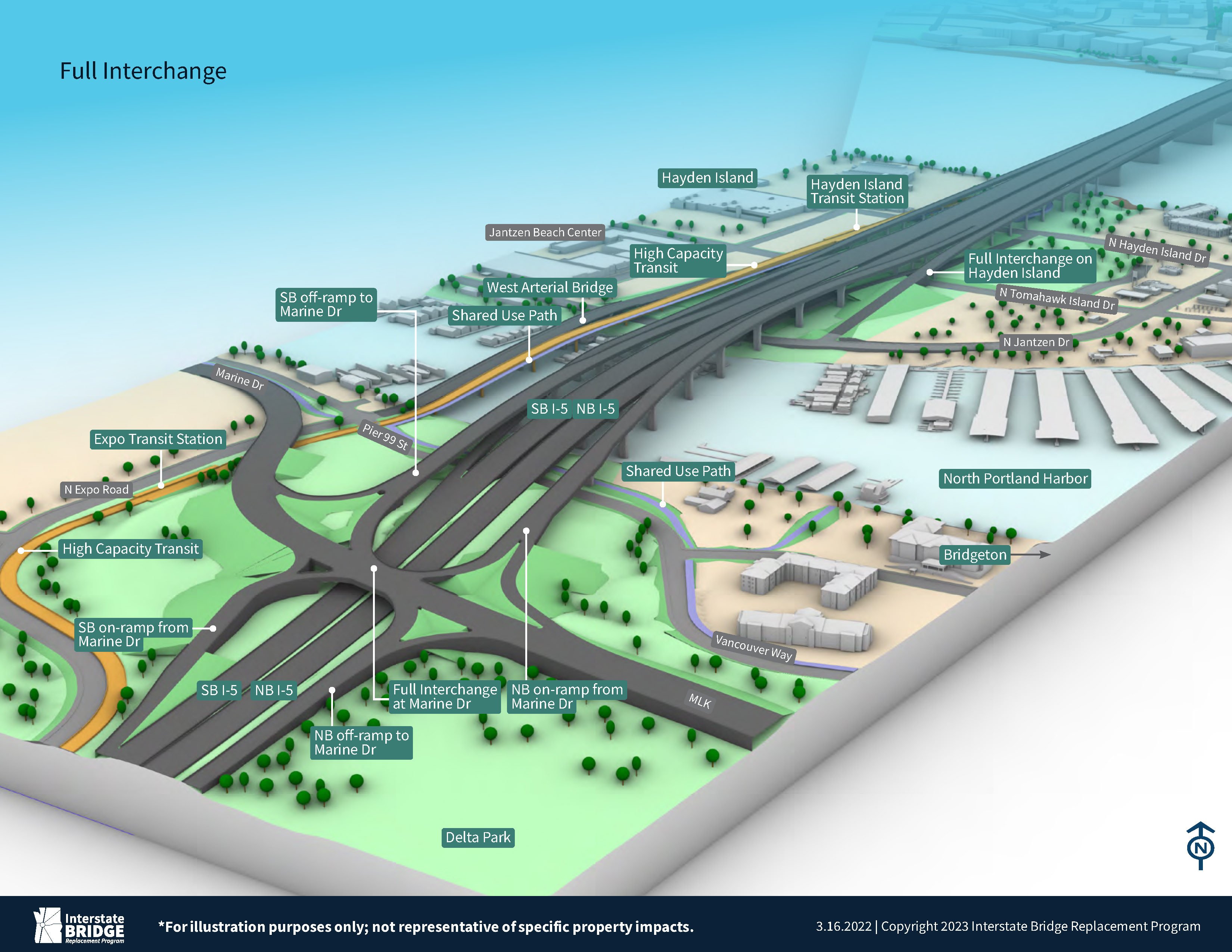 <p>Hayden Island / Marine Drive Full Interchange view from North Portland with two bridge option.</p>