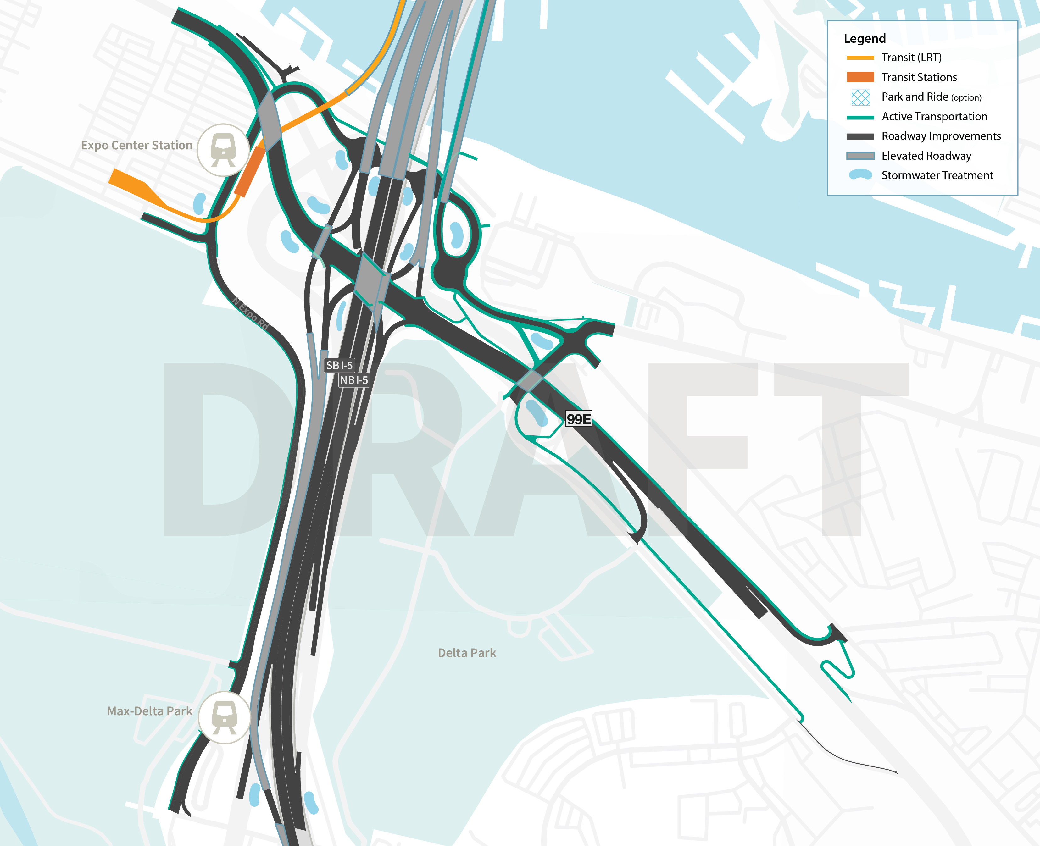 The map image shows a section of North Portland from Delta Park to N. Portland Harbor. The interchange configuration is a full interchange with on and off ramps for NB and SB 1-5. Improvements to I-5 extend Delta Park, MLK, and Marine Drive. There are also local street connections and improvements, shared use path improvements through out the new design, and an expanded Expo Center station.