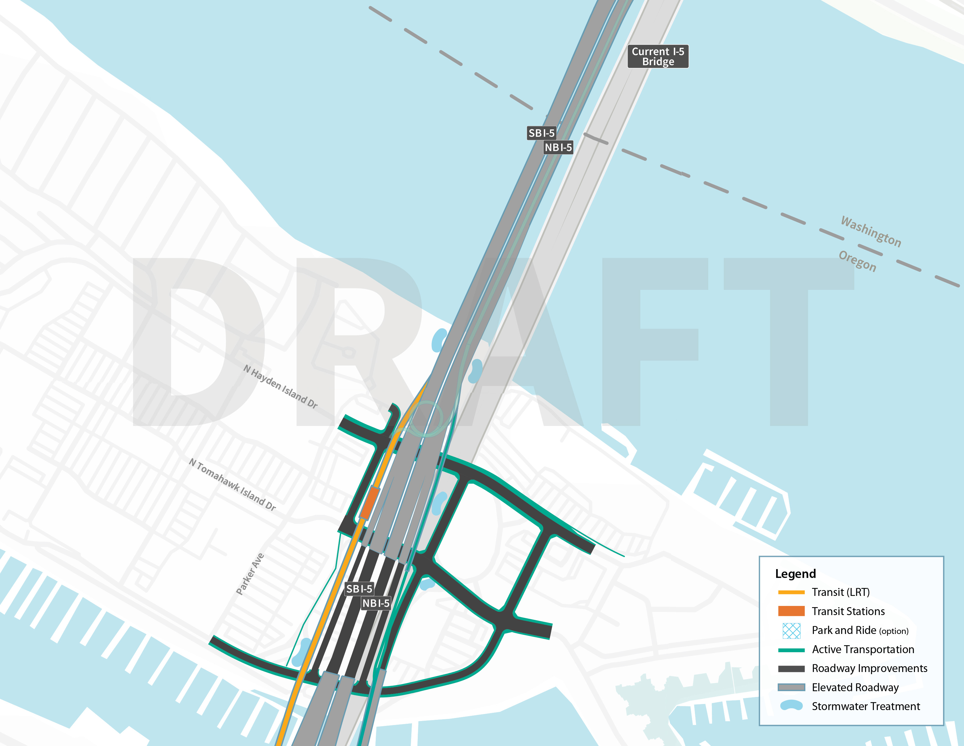 The map image focuses on Hayden Island and includes the south segment of the existing 1-5 bridge and the new 1-5 bridge, just to the west of it. Jantzen Beach Drive and Hayden Island Drive run east-west under I-5. Tomahawk Island Drive runs east-west in the Regional Retail Center/Transit-oriented Development Neighborhood, and another local street runs north-south through the neighborhood, with intersections at Jantzen Beach Drive, Tomahawk Island Drive, and Hayden Island Drive. Light rail is shown on the SB bridge and active transportation is shown on the NB bridge. There is a new light rail station along that links to the shared use path.
There is an Arterial bridge East of I-5 that serves as a local connection between Hayden Island and North Portland