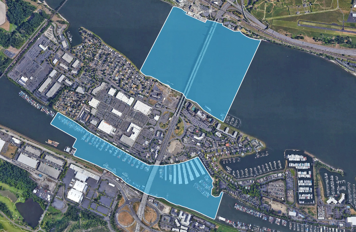 Aerial image of the North Portland Harbor that shows survey boundary limits. The boundary limits are in the water and extend approximately from the end of N Jantzen ave on the west side of the bridge to  Lotus Isle park on the east side.