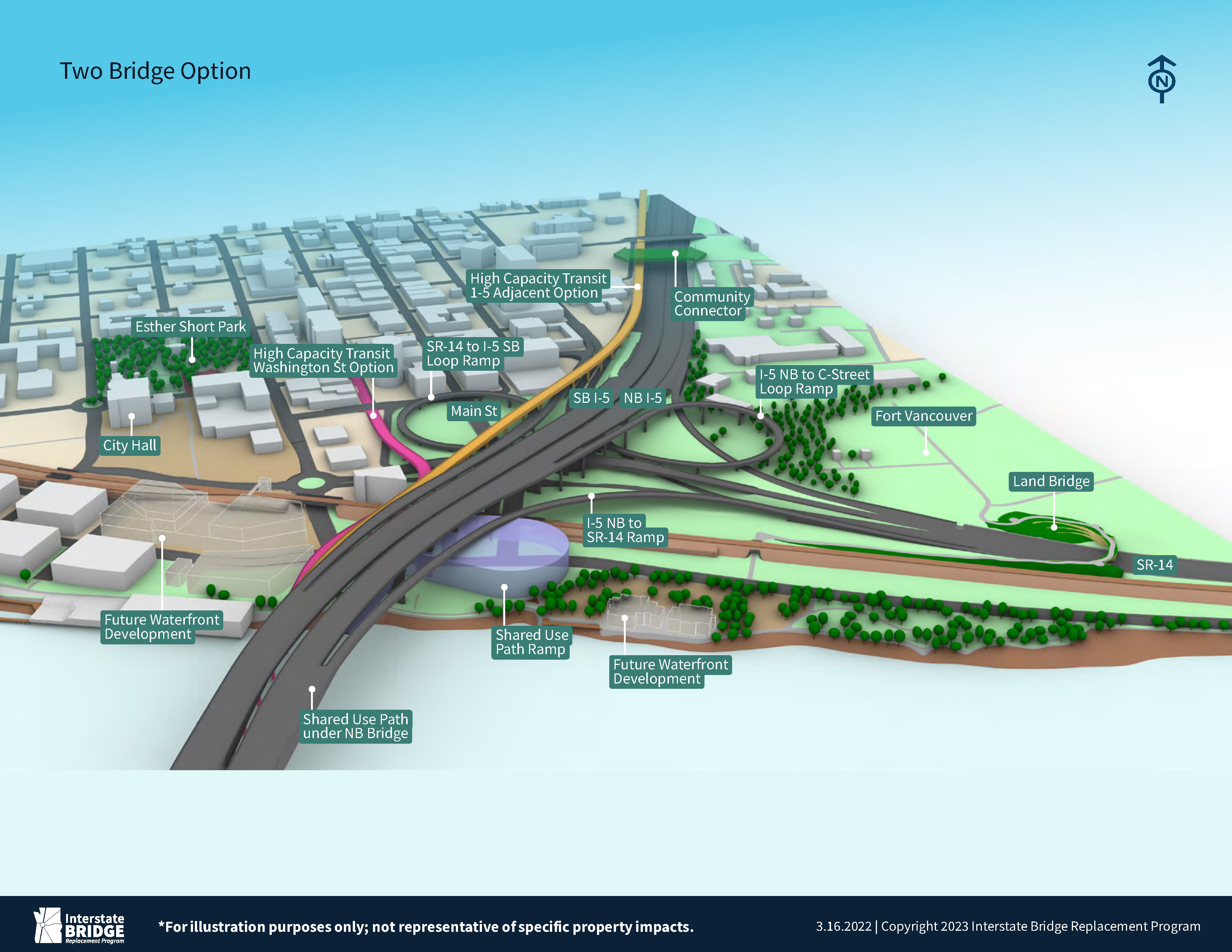 <p>Downtown Vancouver Two Bridge Option shows High Capacity Transit hugging 1-5 and a Washington St option. </p>