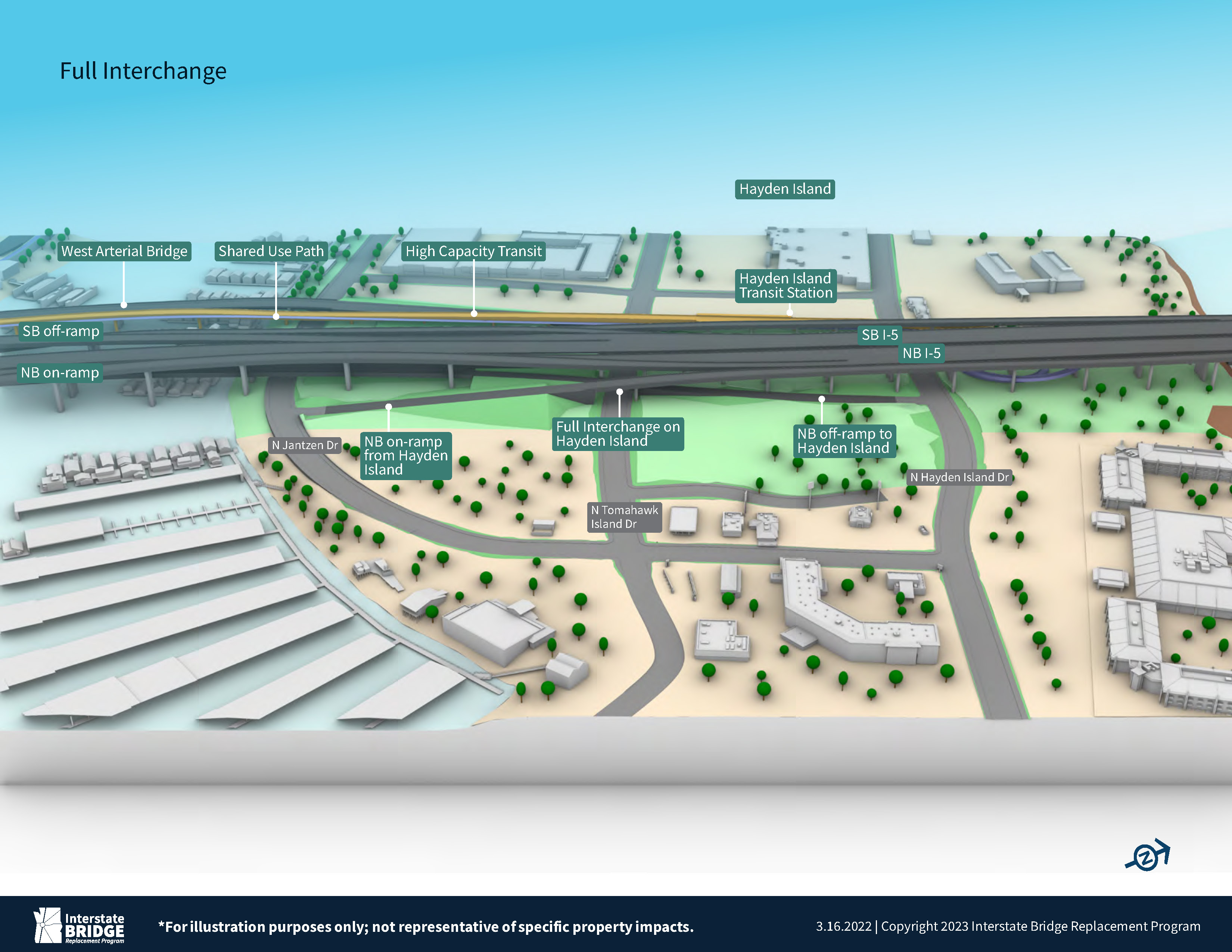 <p>Hayden Island / Marine Drive Full Interchange view from Hayden Island with two bridge option.</p>