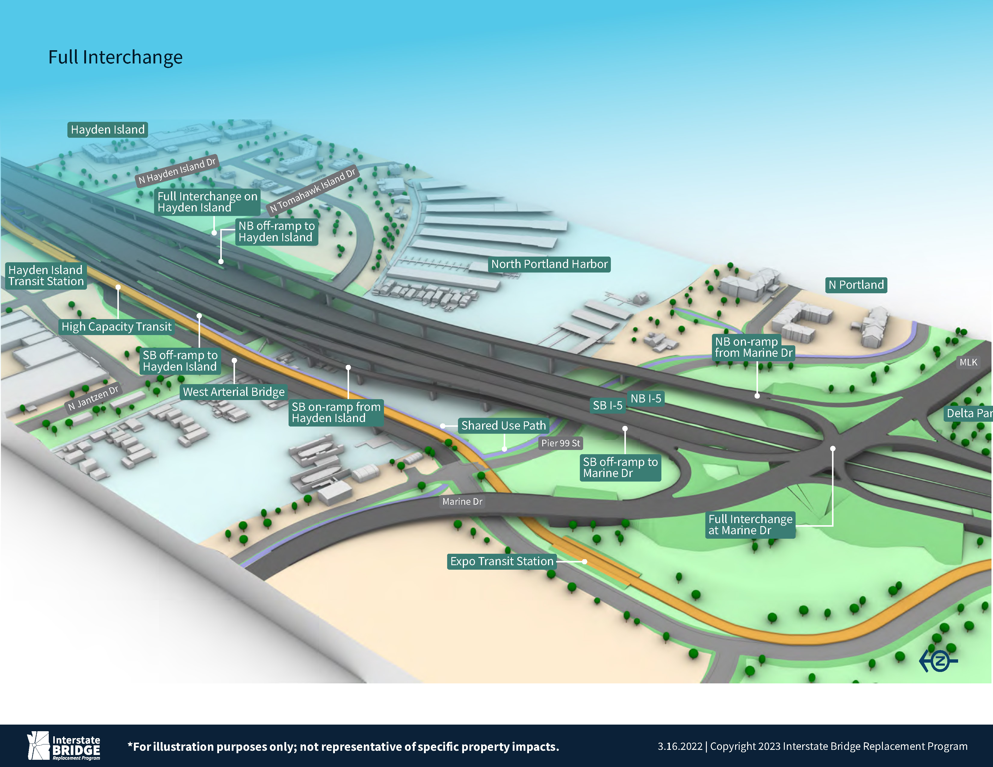 <p>Hayden Island / Marine Drive Full Interchange view from Hayden Island with two bridge option.</p>