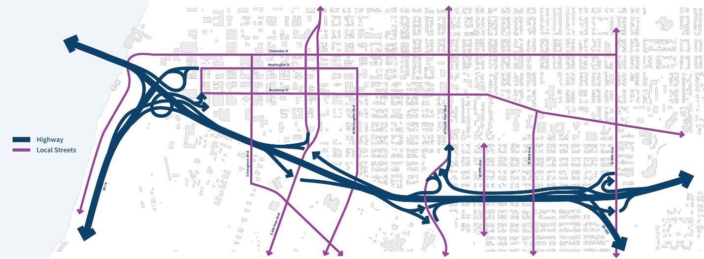 This image is a map of a section of Vancouver with the highway running through it and local streets highlighted. The highway shows interchanges connecting to the following local streets: Washington Street, Broadway Street, Mill Plain Boulevard, West Fourth Plain Boulevard and West 39th Avenue. Local streets connecting over the highway include East Evergreen Boulevard, West 29th Avenue, and West 33rd Avenue. Local streets connecting underneath the highway include Columbia Street, East Mill Plain Boulevard, and West Mcloughlin Boulevard. 