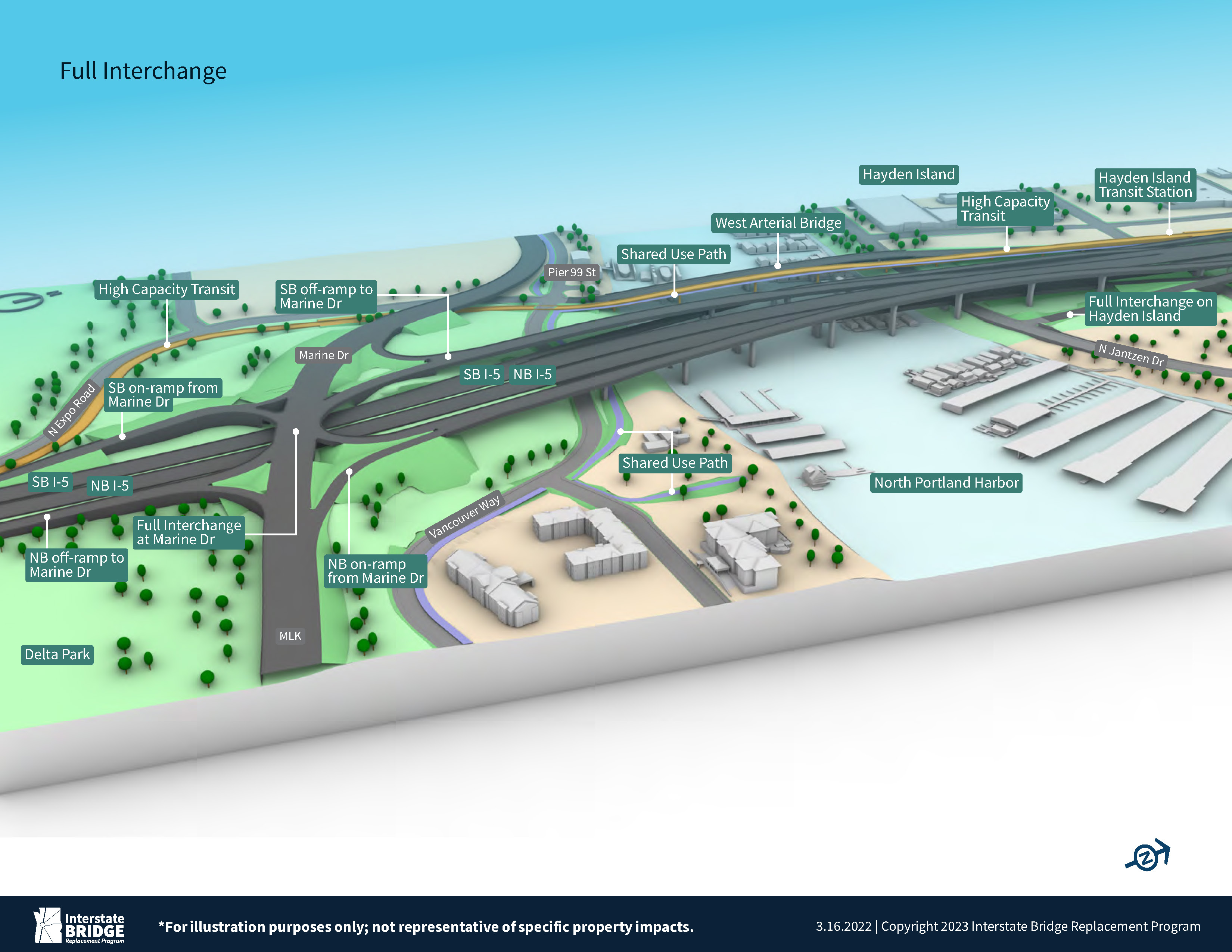 <p>Hayden Island / Marine Drive Full Interchange view from North Portland with two bridge option.</p>