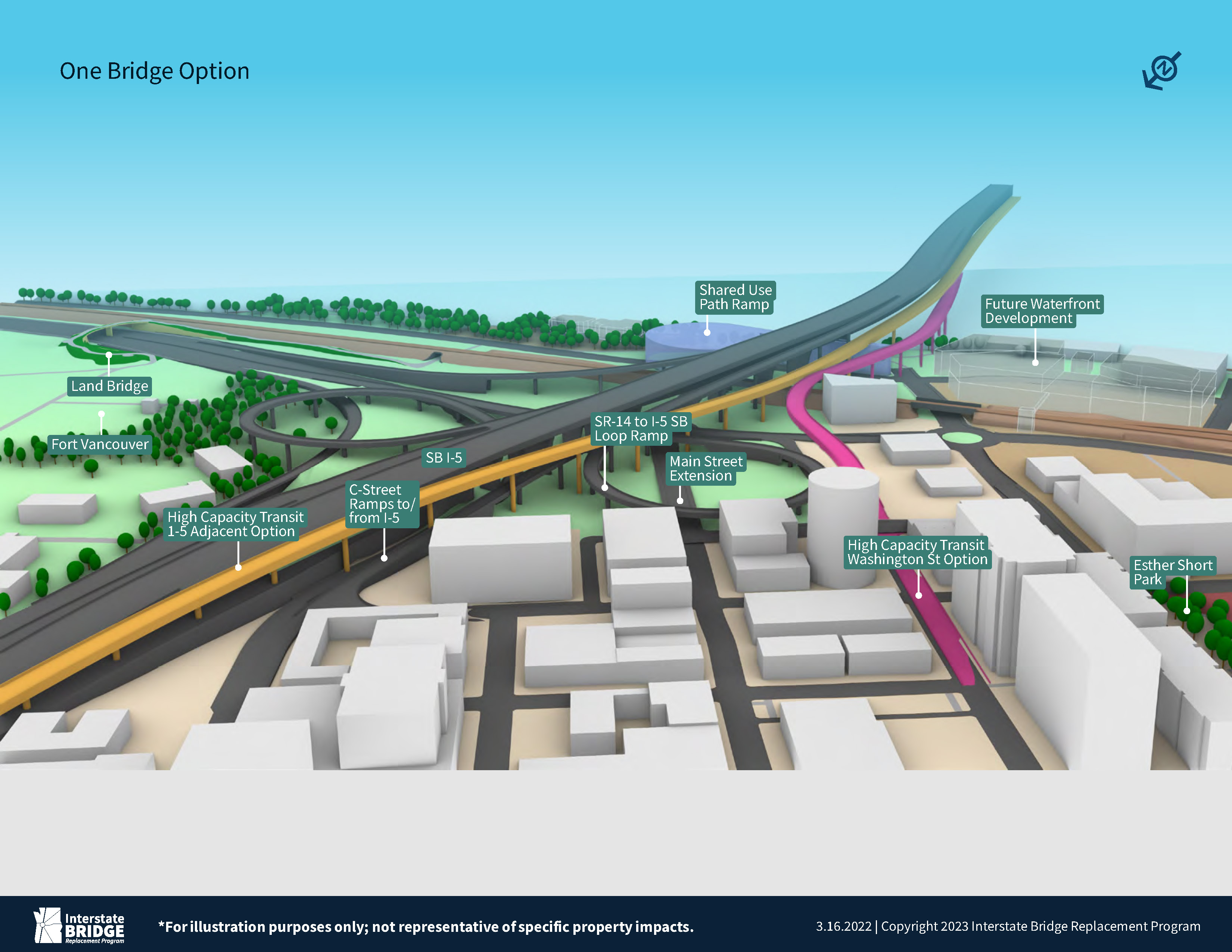 <p>Downtown Vancouver One Bridge Option shows High Capacity Transit hugging 1-5 and a Washington St option.</p>
