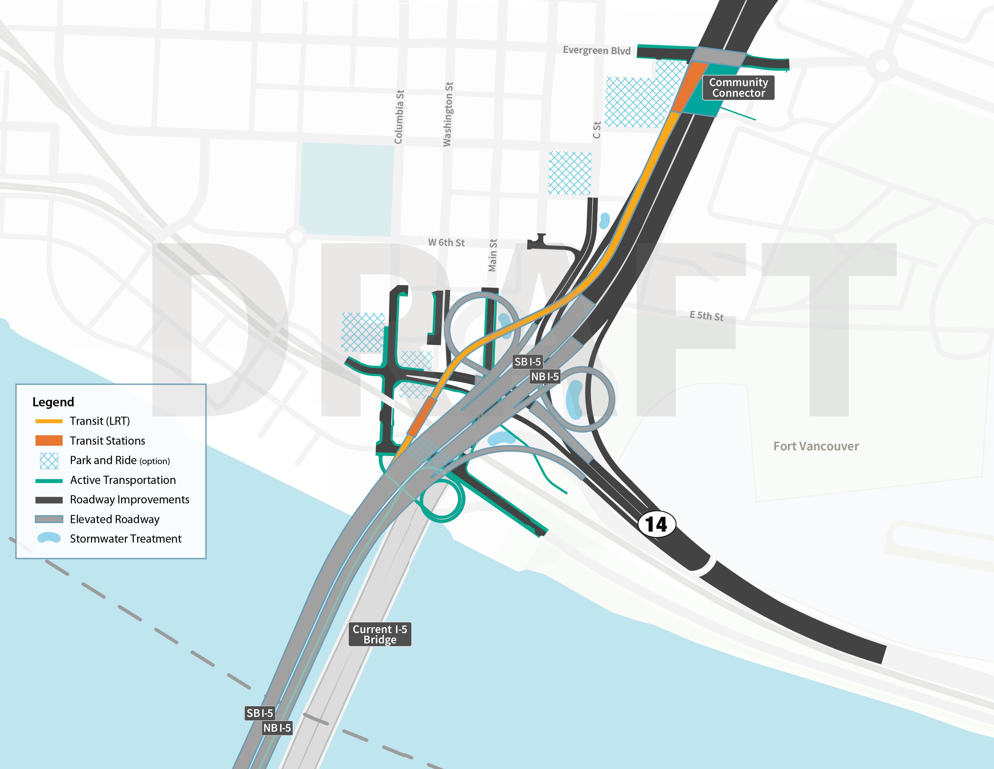 This image compares two options in downtown Vancouver with the main difference being a Cst connection. Both have Connections to SR 14 and Downtown Vancouver. Transit is light rail and runs under 1-5 with an Evergreen Terminus. Active transportation runs under the bridge and connect to the waterfront and downtown Vancouver. There is an option for a community connector to run over 1-5 at Evergreen Blvd. There is also a new transit station here, and several options around it being studied for potential park and ride locations. There is also a transit station located at the waterfront.