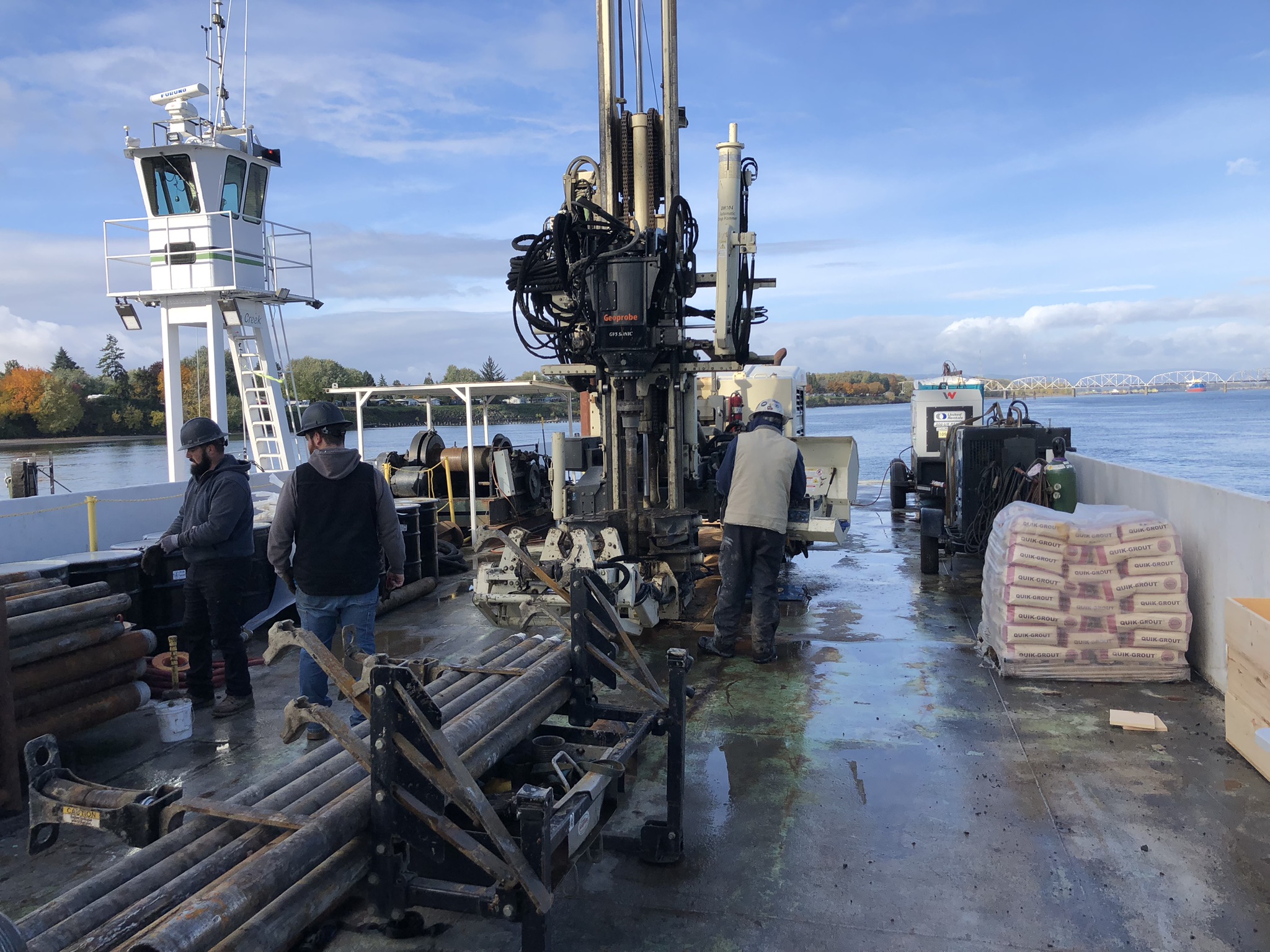 A picture of a boat with drilling equipment on the Columbia River