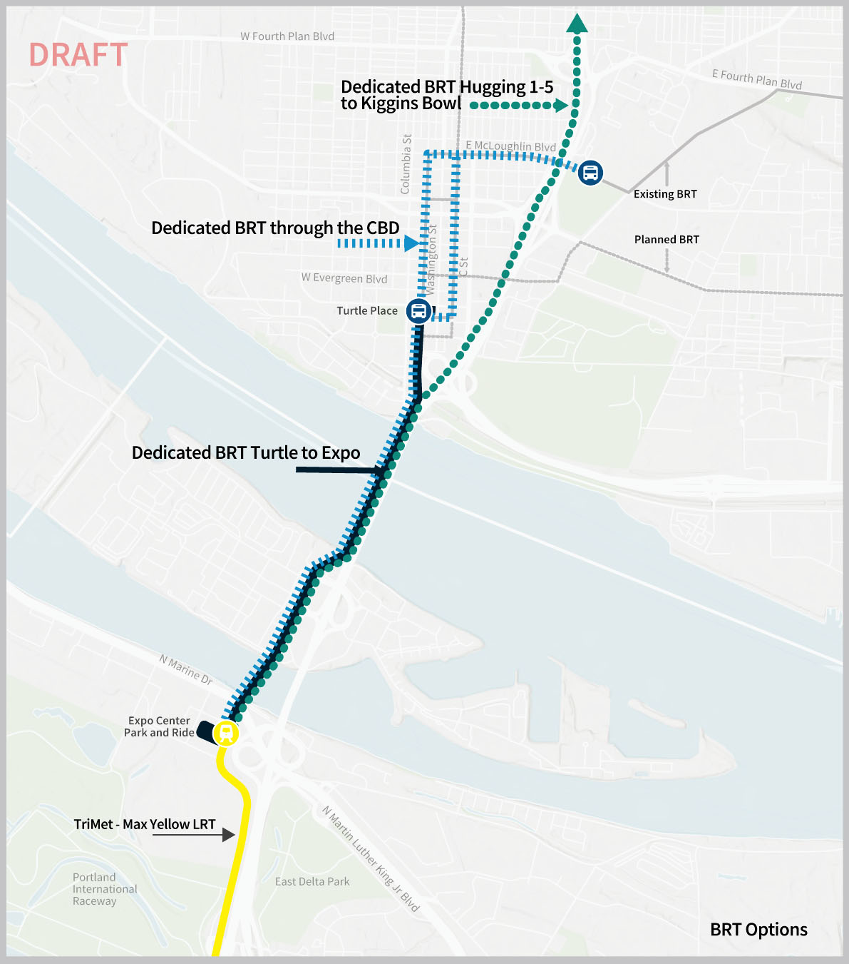 Image is of a map showing sections of North Portland, Marine Drive and Vancouver. In North Portland, The TriMet - Max Yellow Line Light Rail is shown, stopping at the Expo Center Park and Ride.  Map shows all three BRT transit options; Dedicated BRT Turtle to Expo, Dedicated BRT hugging I-5 to Kiggins Bowl, and Dedicated BRT through Vancouver Central Business District.  The dedicated BRT Turtle to Expo line is shown on map extending via a dedicated bus lane from Turtle place Transit Station in downtown Vancouver south to a terminus near the Expo Center in Portland.  The Dedicated BRT Hugging I-5 option is shown on map extending from Kiggins Bowl south to the Max Expo Center station on a dedicated bus lane adjacent to Interstate 5. The dedicated BRT through the Central Business district is shown on map extending via a dedicated bus lane from McLoughlin Boulevard through Vancouver's Central Business District before crossing the river south to Hayden Island with a terminus near the Expo Center.