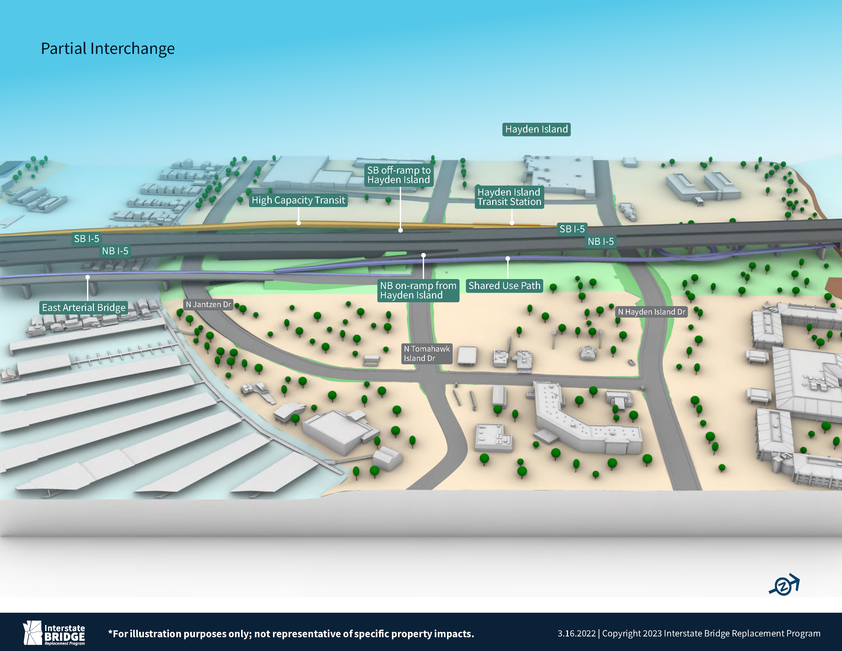 <p>Hayden Island / Marine Drive Full Interchange view from Hayden Island with two bridge option.</p>