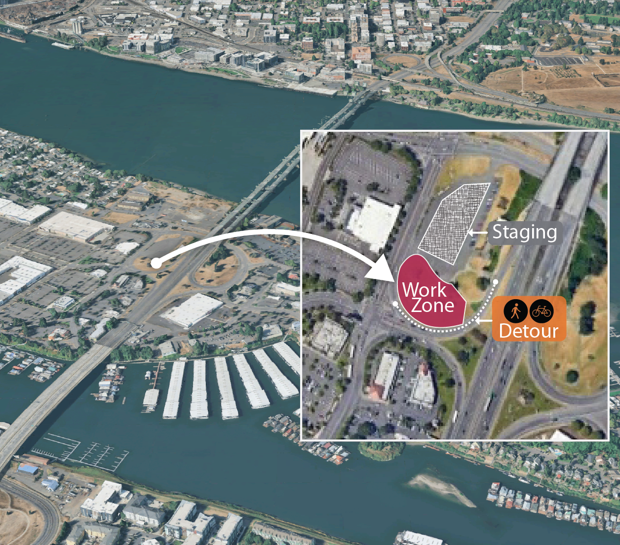 Image depicts where work will be done on ODOT property, located at the corner of North Hayden Island Drive and North Center Avenue.