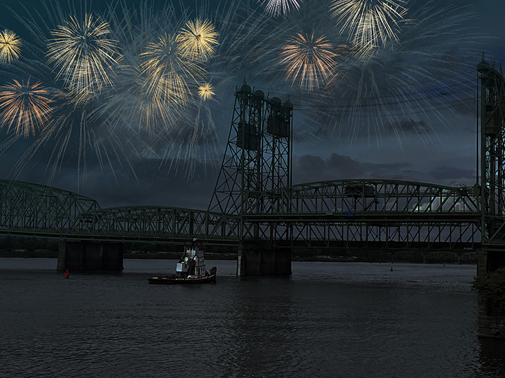 A picture of the I-5 Bridge with fireworks above to denote a conceptual celebration.