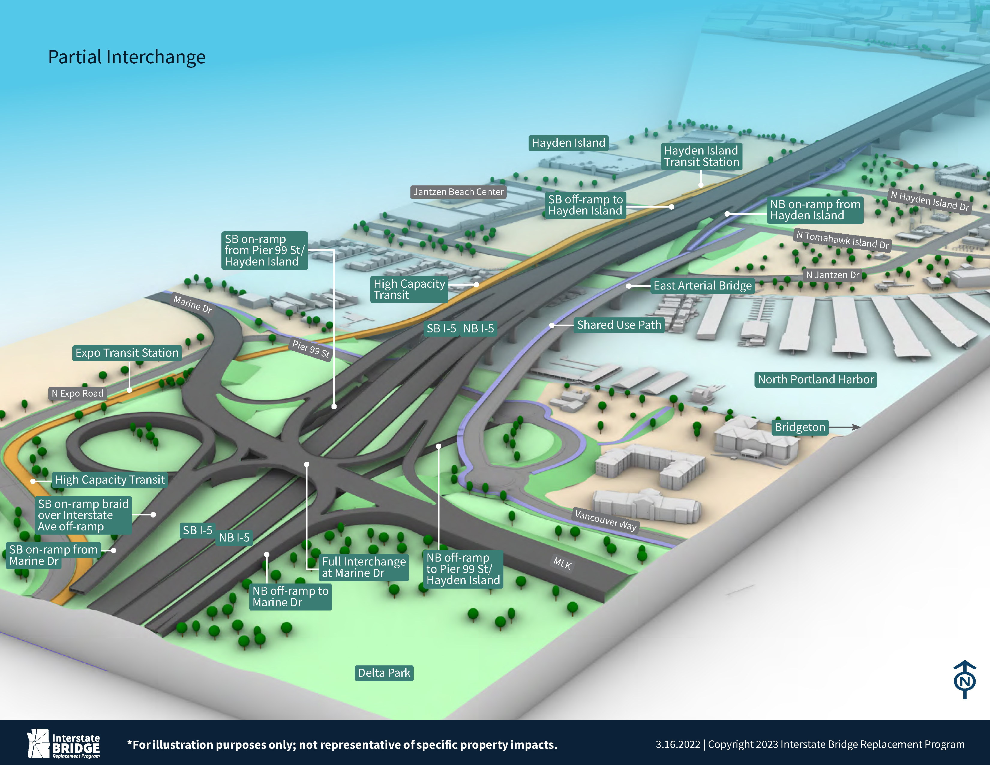 <p>Hayden Island / Marine Drive Full Interchange view from Marine Drive to Hayden Island with two bridge option.</p>