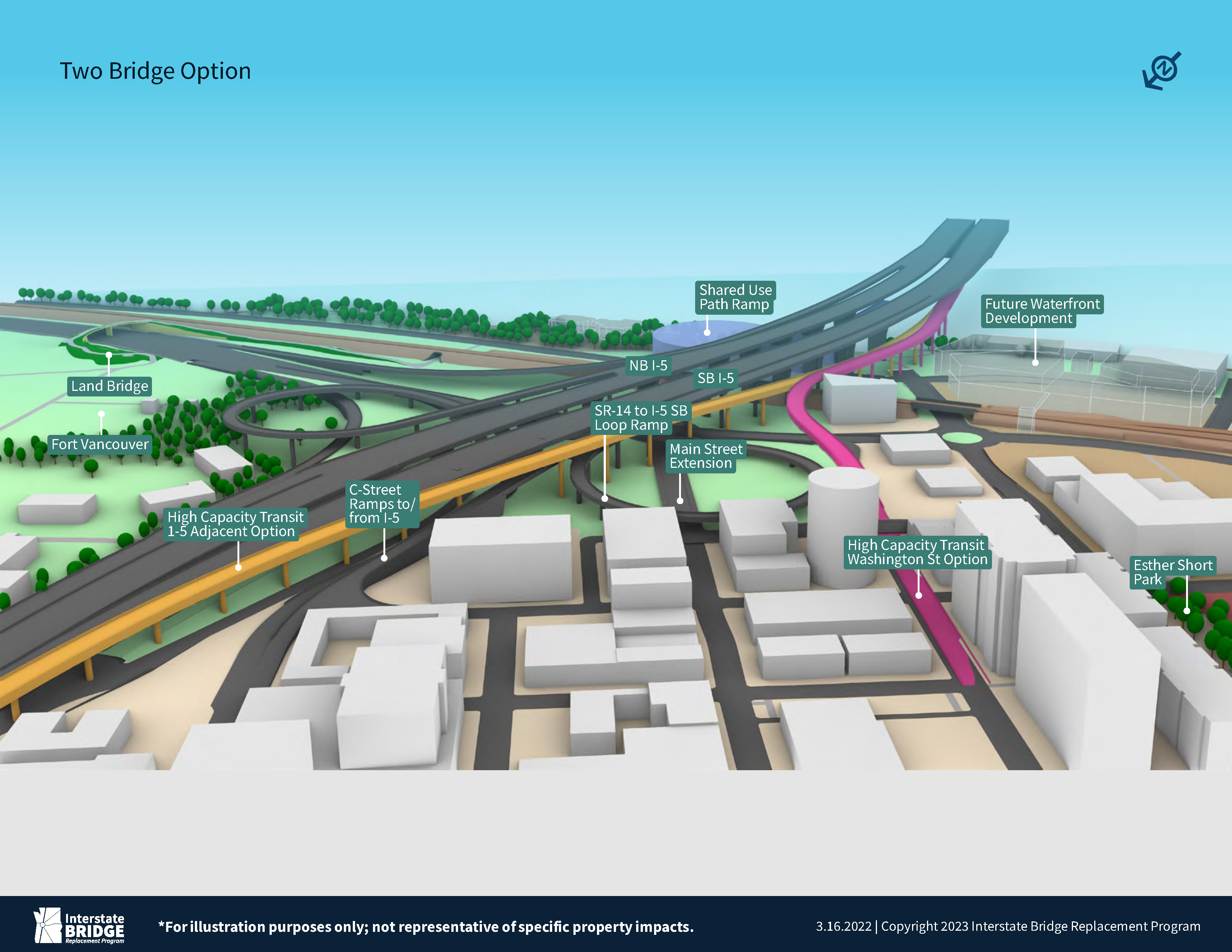 <p>Downtown Vancouver Two Bridge Option shows High Capacity Transit hugging 1-5 and a Washington St option in addition to a shared use path ramp. </p>