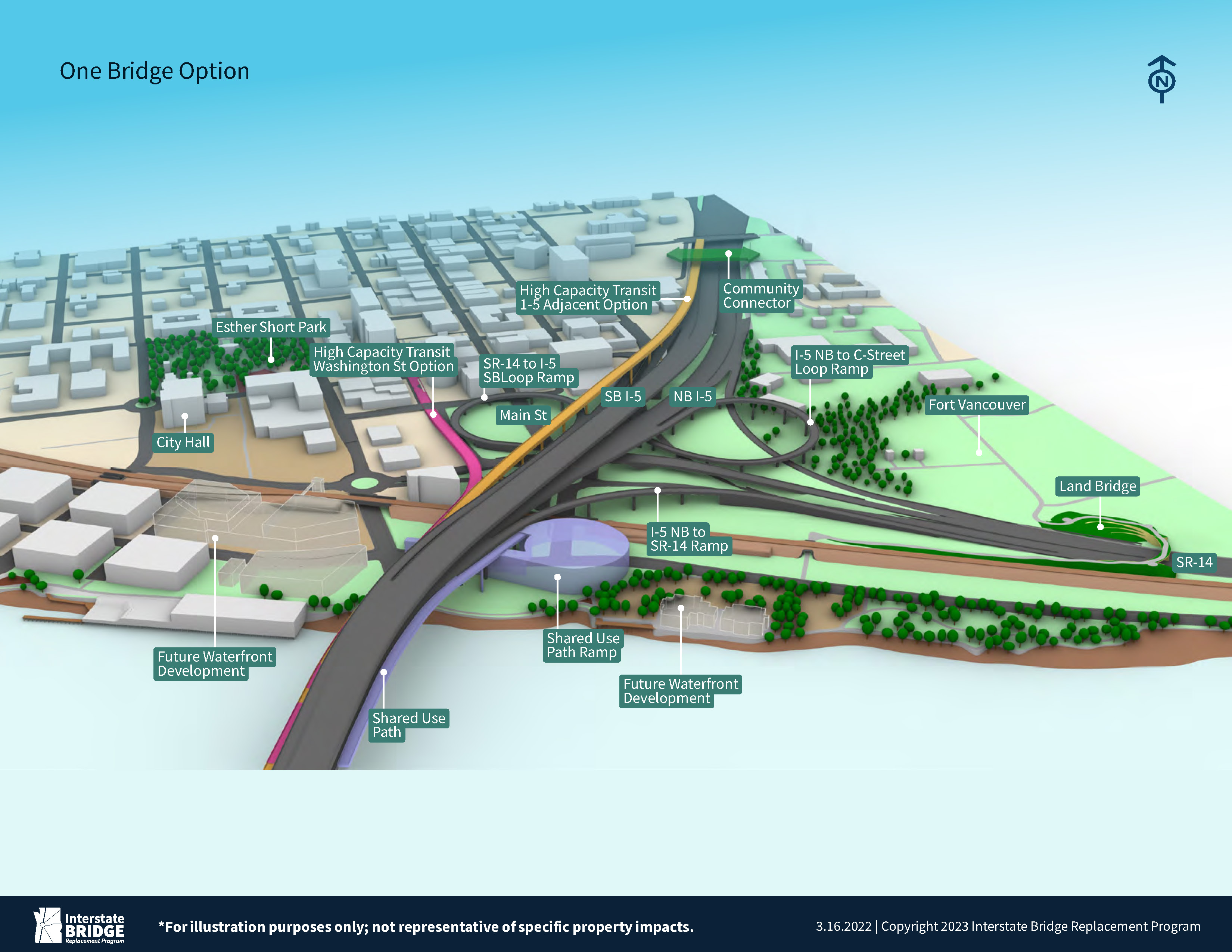 <p>Downtown Vancouver One Bridge Option shows High Capacity Transit hugging 1-5 and a Washington St option in addition to the shared use path. </p>