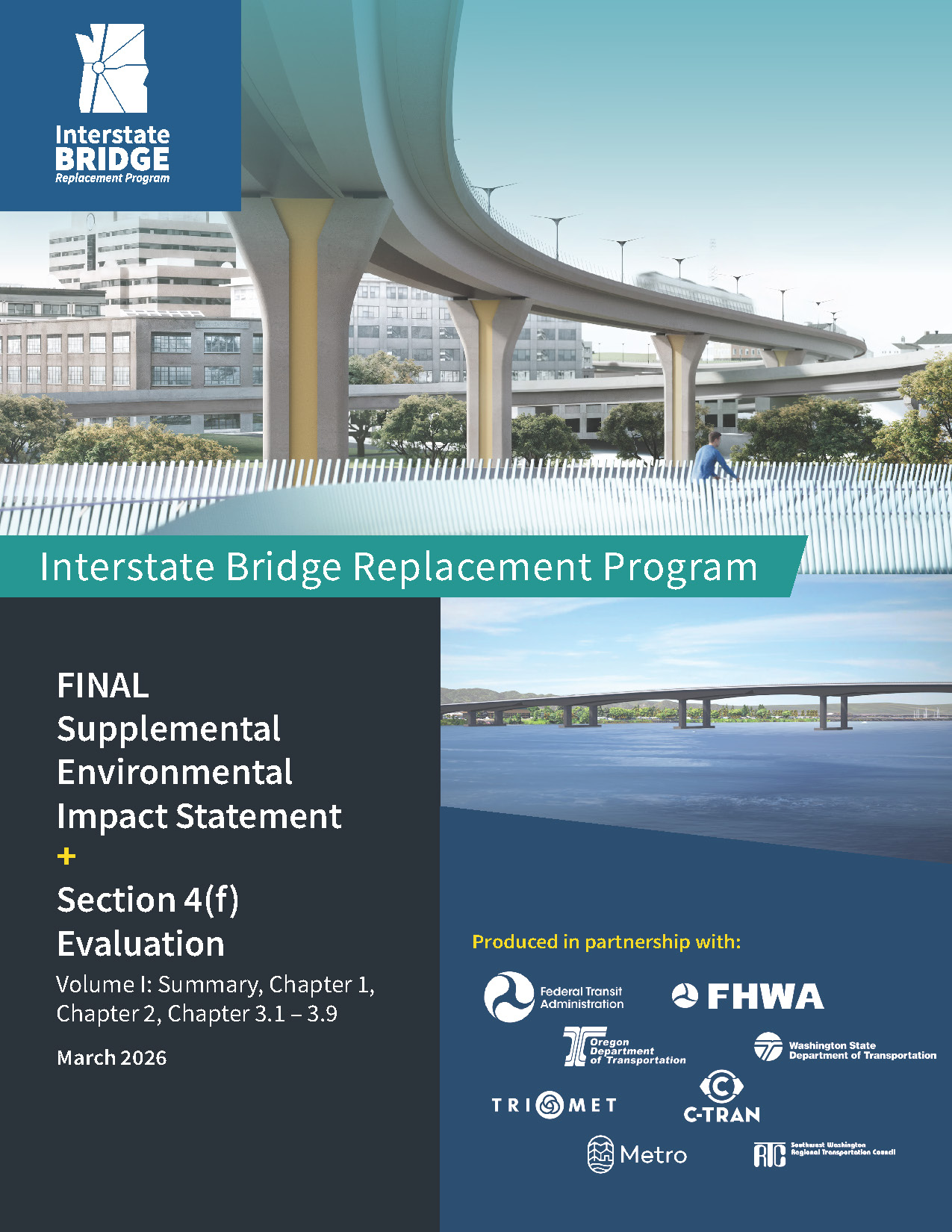 A cover image of the final environmental document the includes a rendering of the bridge with light rail and a person riding a bike on a shared use path.