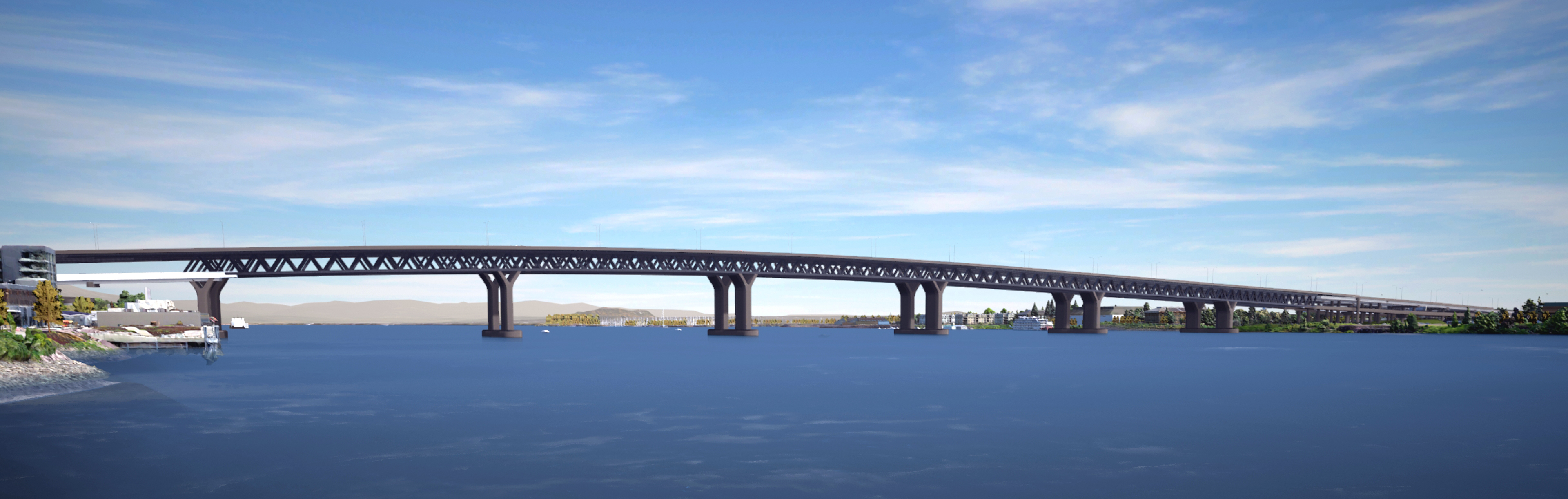 View of a double-level bridge design that spans the water