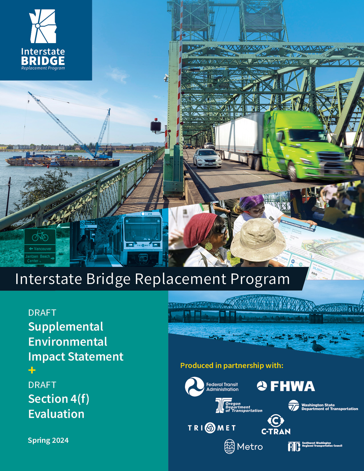 Cover of the SEIS that shows an image of the bridge, community engagement, and the lightrail