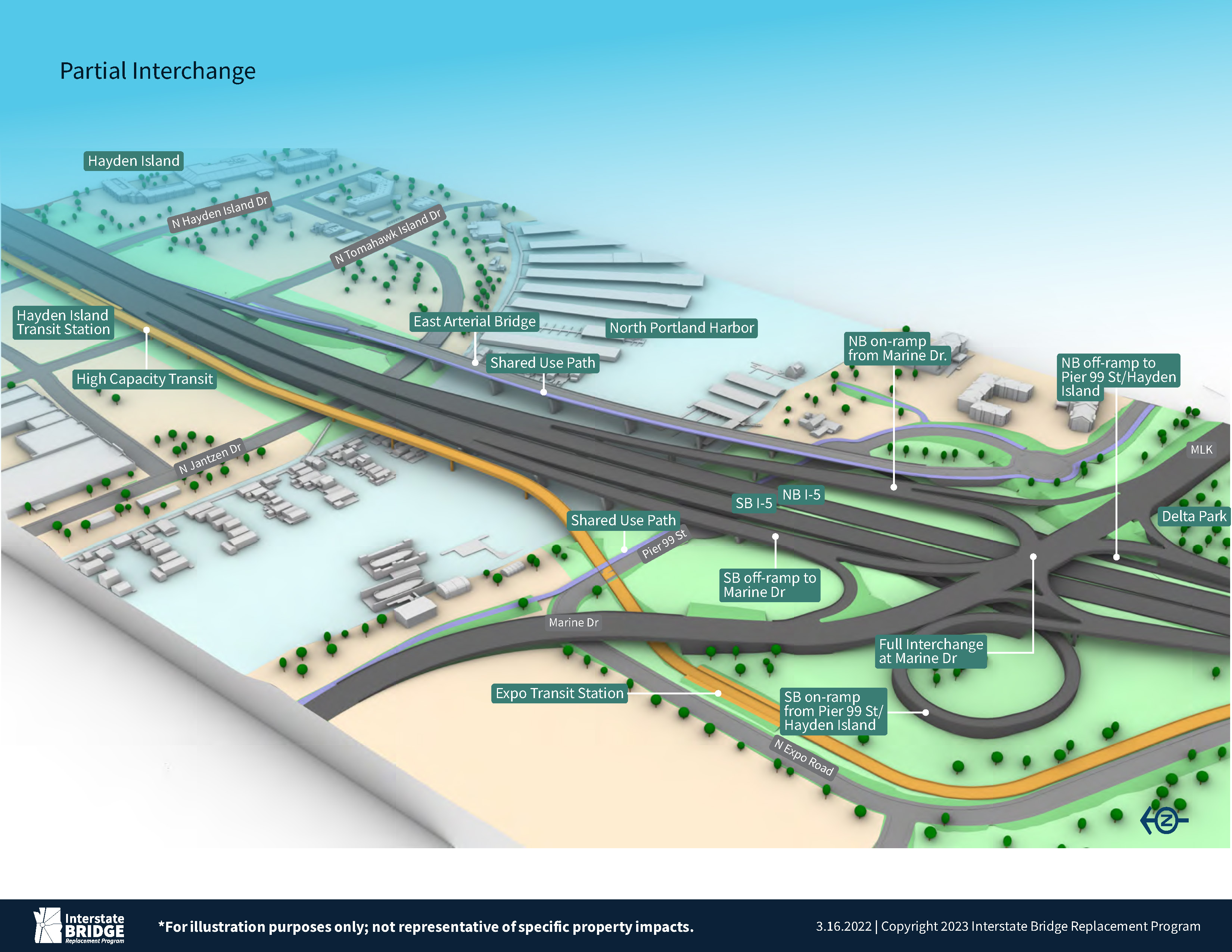 <p>Hayden Island / Marine Drive Full Interchange view from Hayden Island with two bridge option.</p>