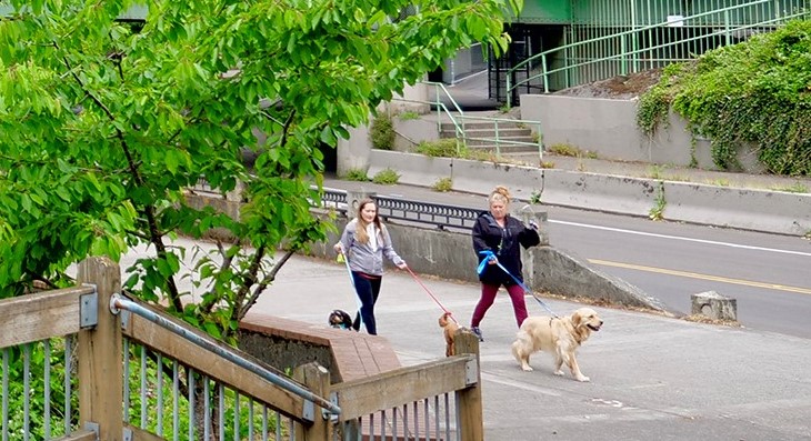 Friends walking under the Interstate Bridge