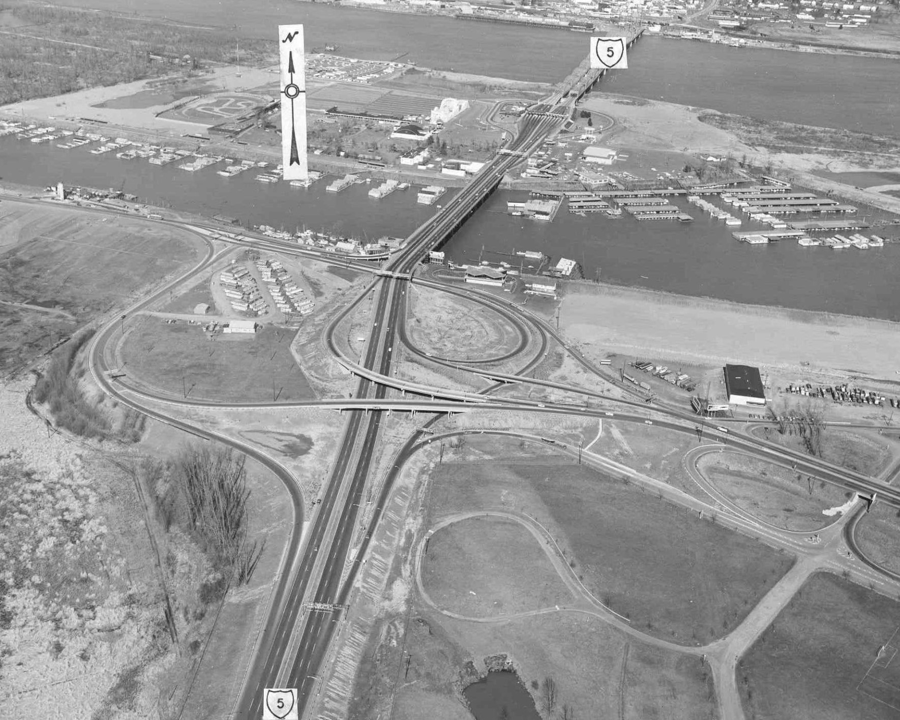 Historic black and white photo of the I-5 corridor from 1956 shows little development