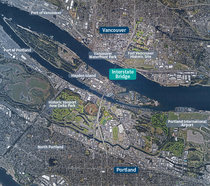 Project map showing the Interstate Bridge, North Portland, OR and Downtown Vancouver, WA.