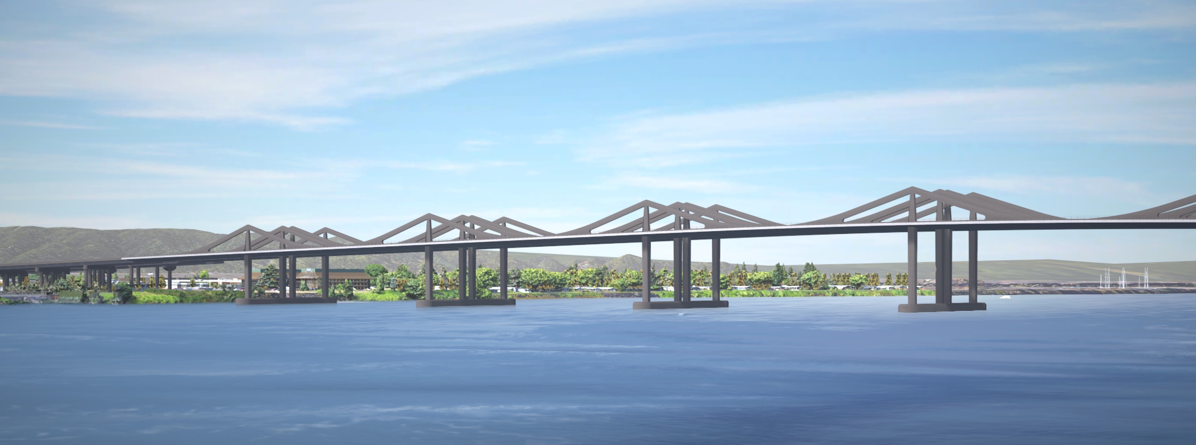 3d rendering of a stacked bridge spanning the Columbia River