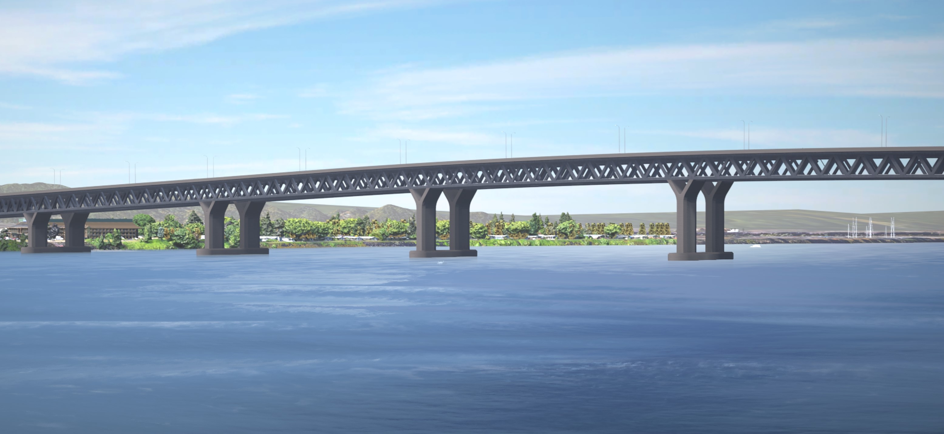 3d rendering of a stacked bridge spanning the Columbia River